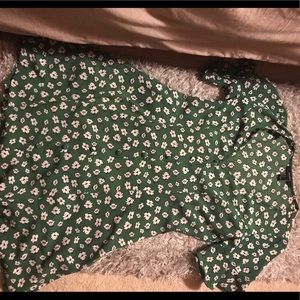 Green floral print button up dress (size S)